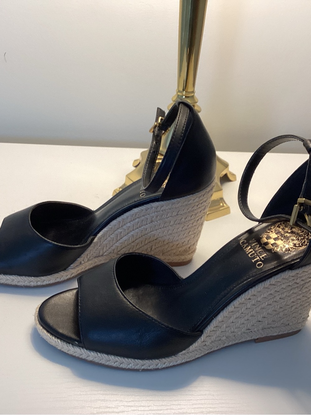Vince Camuto Black Leather Espadrille Wedge Sandals - Picture 2 of 4